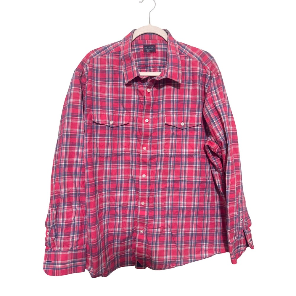 Untuckit Mens XXXL 3XL Plaid Button Up Shirt Pink Blue 100% Cotton Long Sleeve